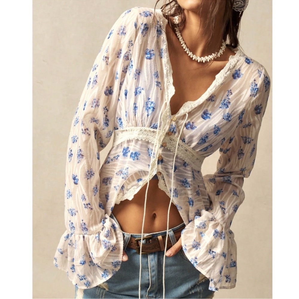 Boho Floral Print Button Down Ruffle Flounce Sleeve Top S M L XL